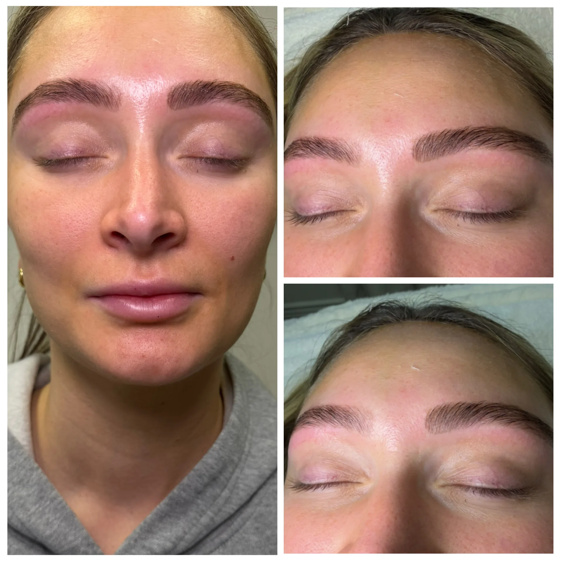 Woman's face showing eyebrow microblading results with defined, shaped brows and closed eyes.